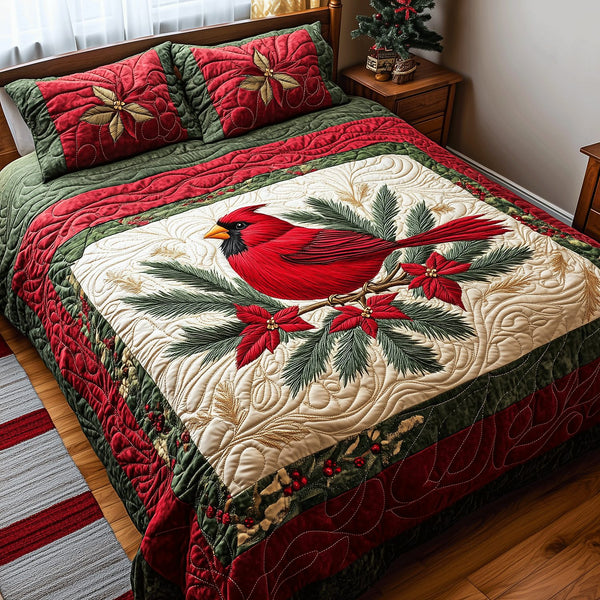 Cardinal Glory quilted 3-piece bedding set on a made bed with two matching pillow shams