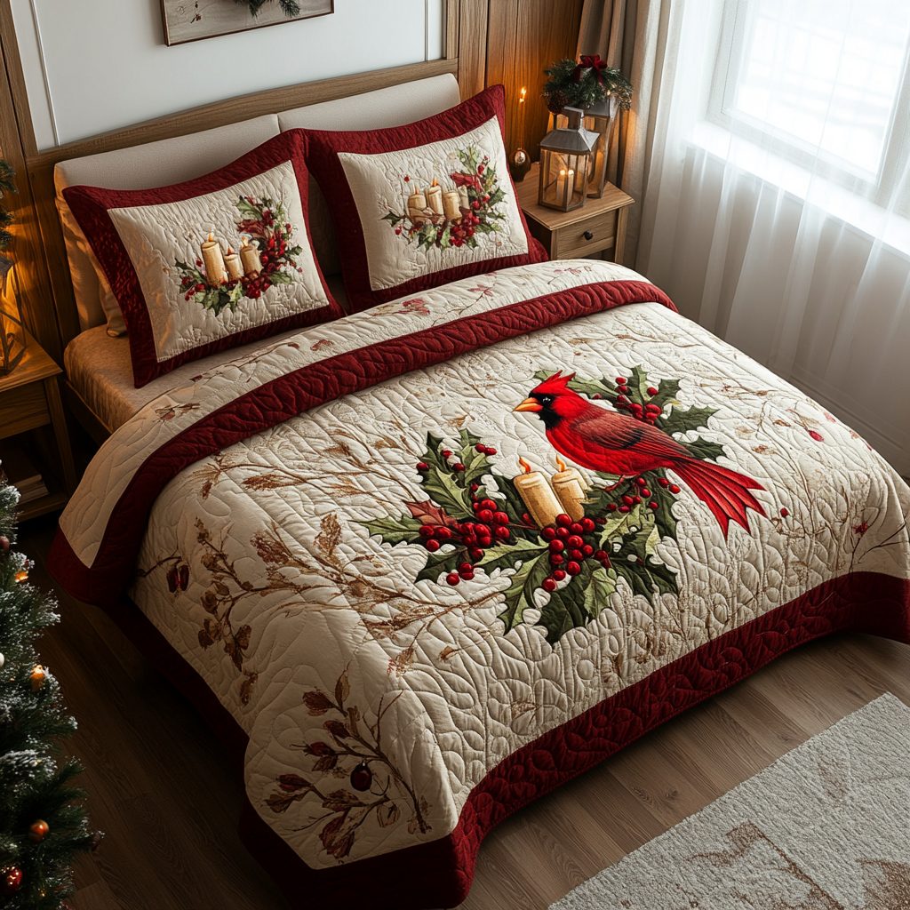 Cardinal Glow quilted 3-piece bedding set on a made bed with two matching pillow shams
