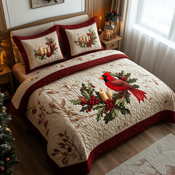 Cardinal Glow quilted 3-piece bedding set on a made bed with two matching pillow shams