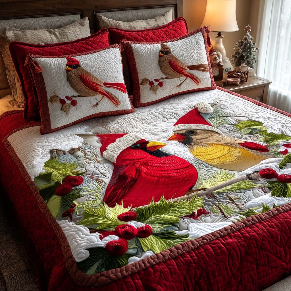 Cardinal Glow quilted 3-piece bedding set on a made bed with two matching pillow shams