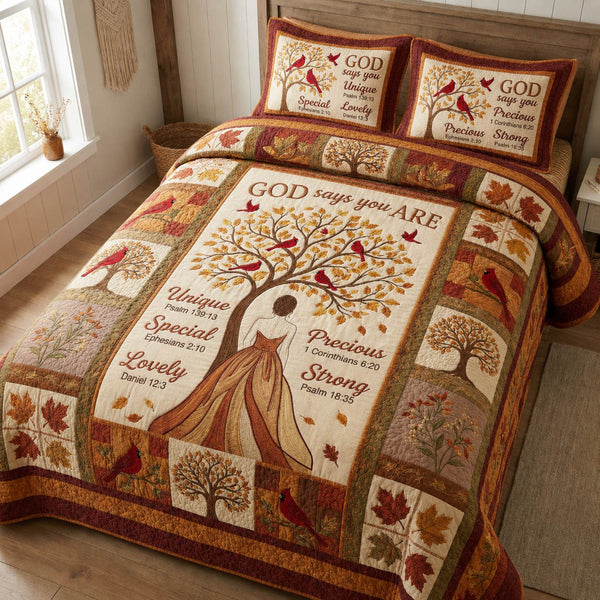 Cardinal God Says You Are quilted 3-piece bedding set on a made bed in a softly lit bedroom