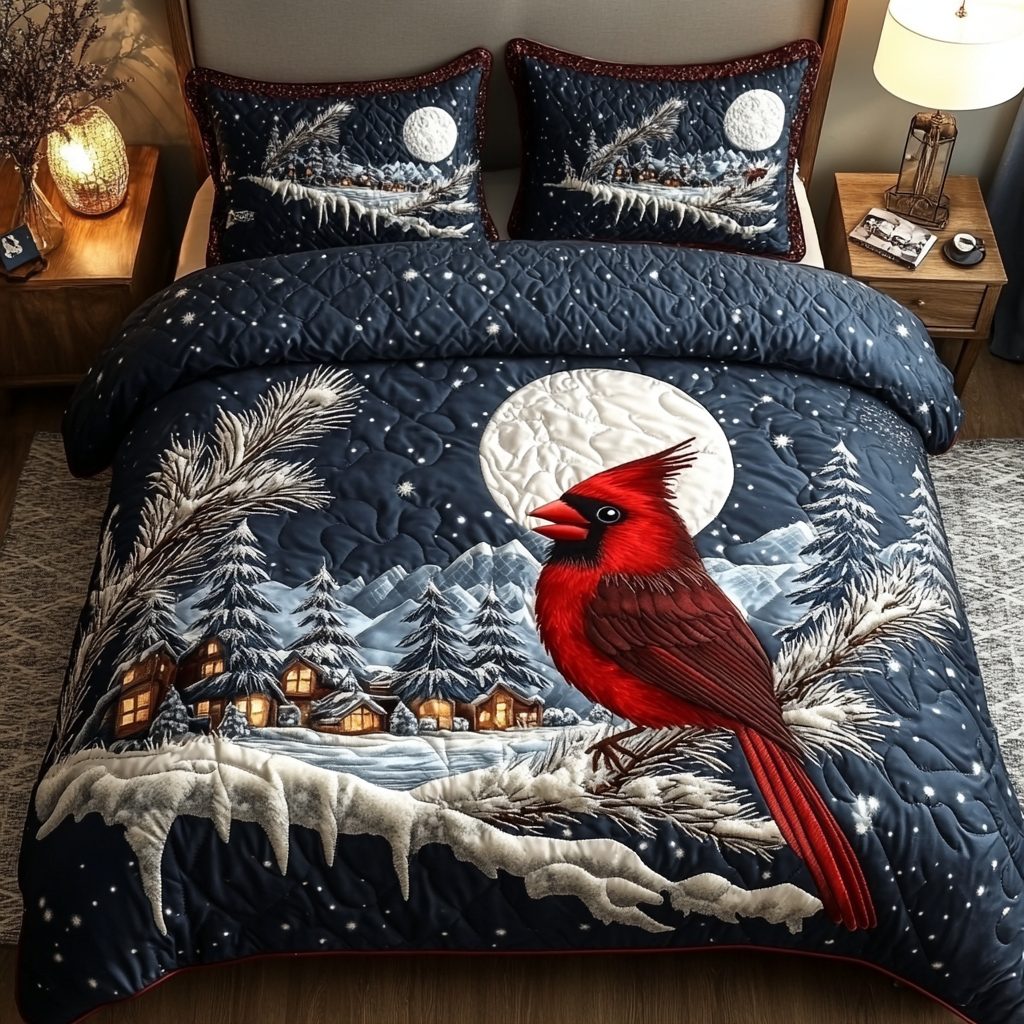 Cardinal Grace quilted 3-piece bedding set on a made bed with two matching pillow shams