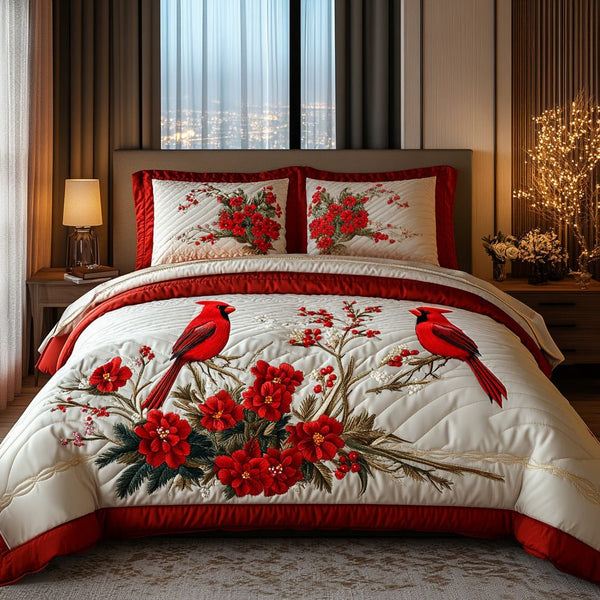 Cardinal Harmony quilted 3-piece bedding set on a made bed with two matching pillow shams