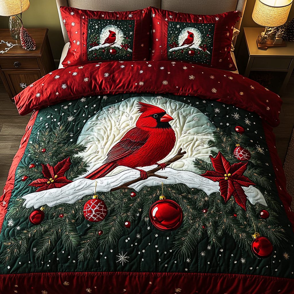 Cardinal Haven quilted 3-piece bedding set on a made bed with two matching pillow shams