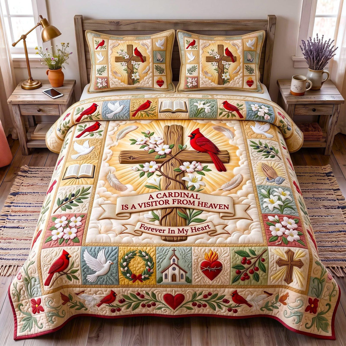 Cardinal Heaven quilted 3-piece bedding set on a made bed in a softly lit bedroom