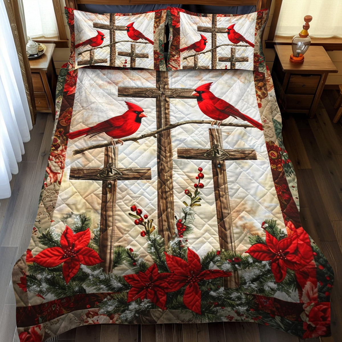 Cardinal Jesus Cross quilted 3-piece bedding set on a made bed in a softly lit bedroom