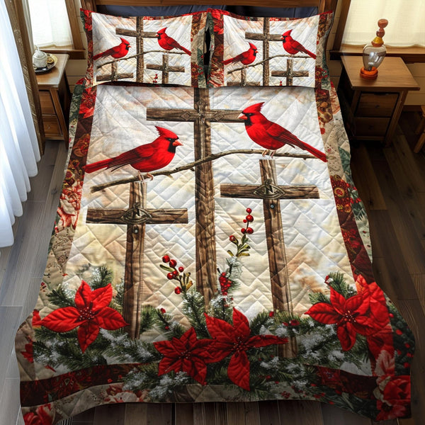 Cardinal Jesus Cross quilted 3-piece bedding set on a made bed in a softly lit bedroom