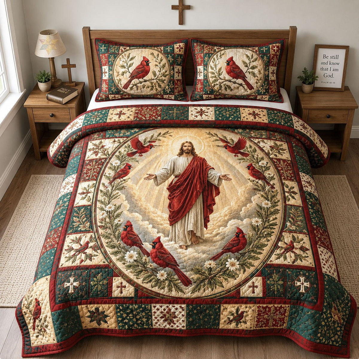 Cardinal Jesus Faith quilted 3-piece bedding set on a made bed in a softly lit bedroom