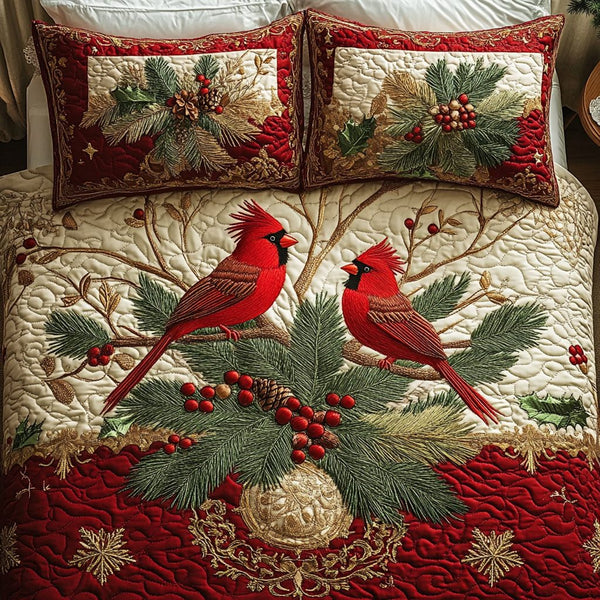Cardinal Lantern quilted 3-piece bedding set on a made bed with two matching pillow shams