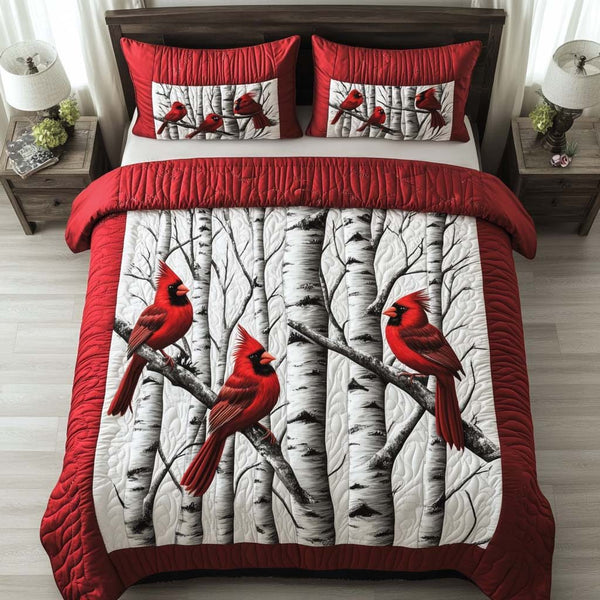 Cardinal Love quilted 3-piece bedding set on a made bed with two matching pillow shams