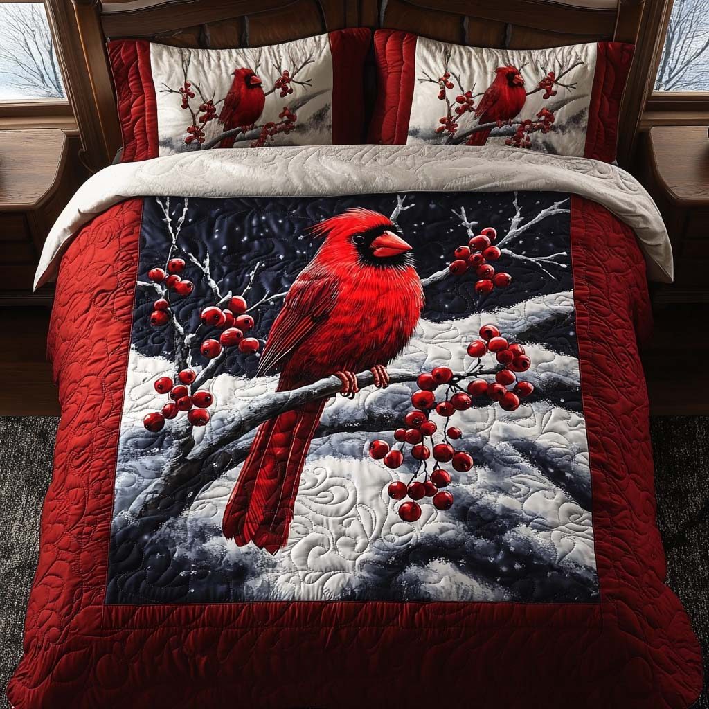 Cardinal Magic quilted 3-piece bedding set on a made bed with two matching pillow shams