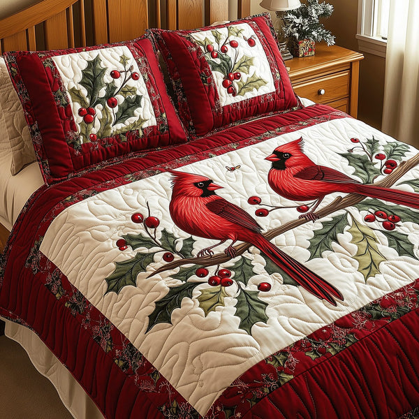 Cardinal Nature Charm quilted 3-piece bedding set on a made bed with two matching pillow shams