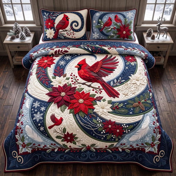 Cardinal Noel quilted 3-piece bedding set on a made bed in a winter-styled bedroom