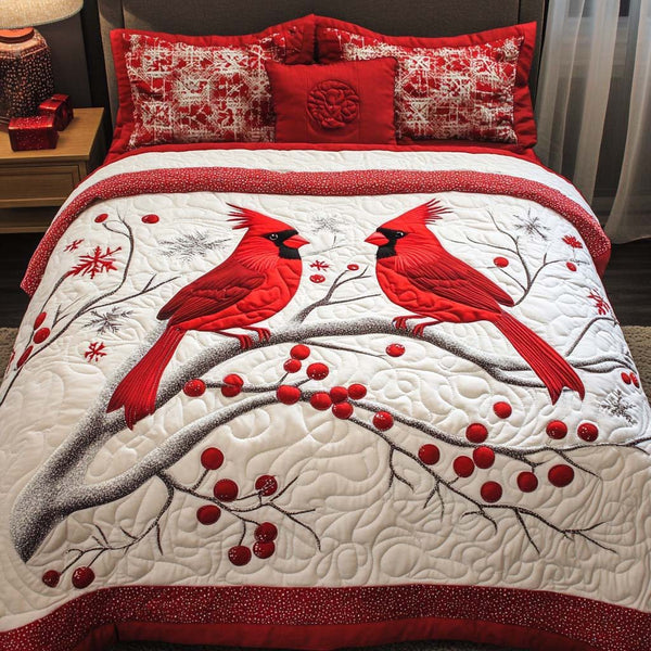 Cardinal Peace quilted 3-piece bedding set on a made bed with two matching pillow shams