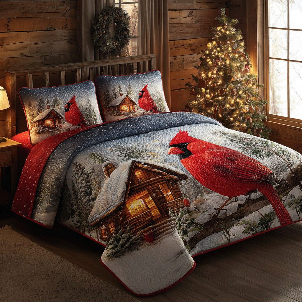 Cardinal Peace quilted 3-piece bedding set on a made bed with two matching pillow shams