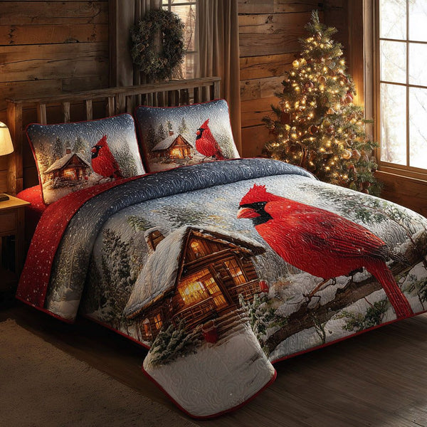 Cardinal Peace quilted 3-piece bedding set on a made bed with two matching pillow shams