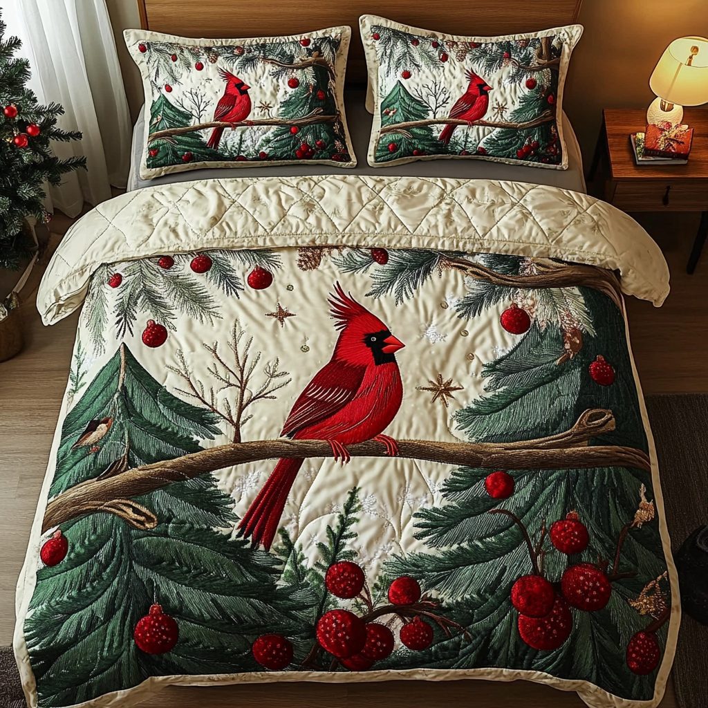 Cardinal Serenade quilted 3-piece bedding set on a made bed with two matching pillow shams