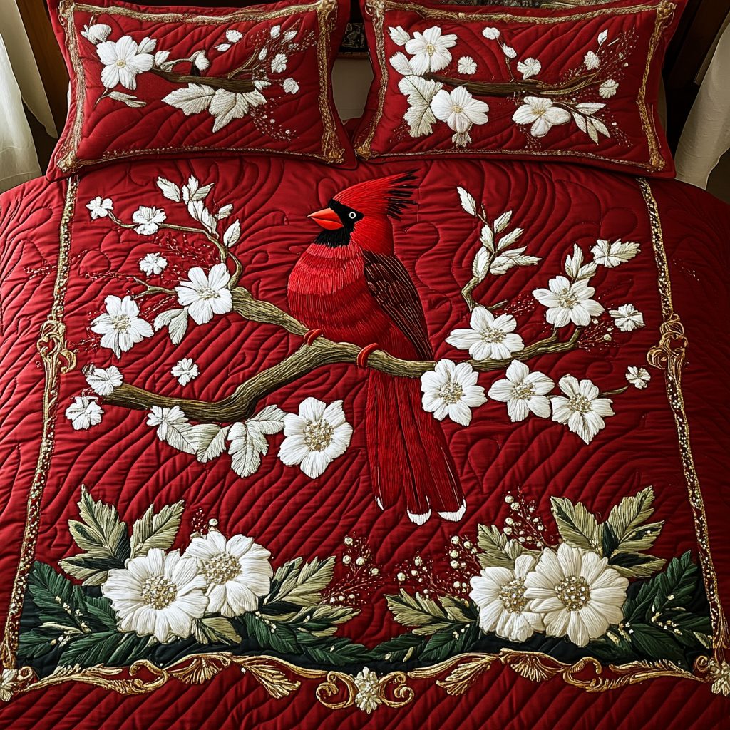 Cardinal Serenity quilted 3-piece bedding set on a made bed with two matching pillow shams