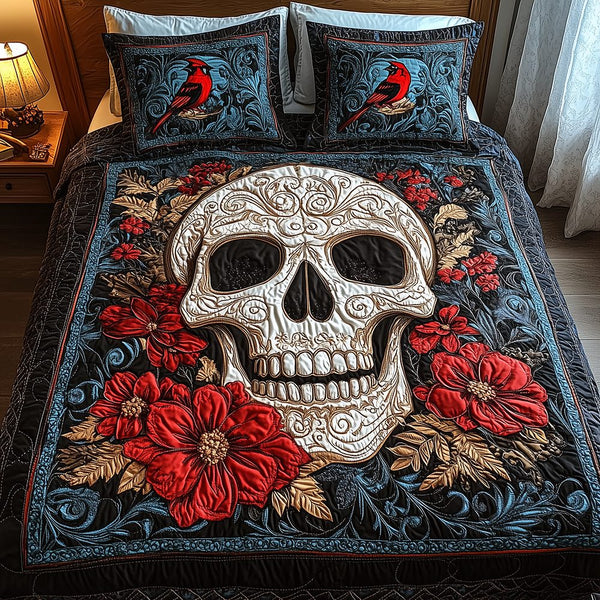 Cardinal Skull quilted 3-piece bedding set on a made bed against a dark styled interior