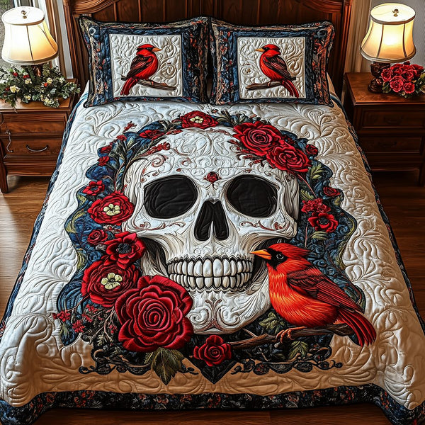Cardinal Skull quilted 3-piece bedding set on a made bed against a dark styled interior