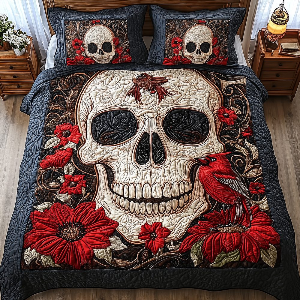 Cardinal Skull quilted 3-piece bedding set on a made bed against a dark styled interior
