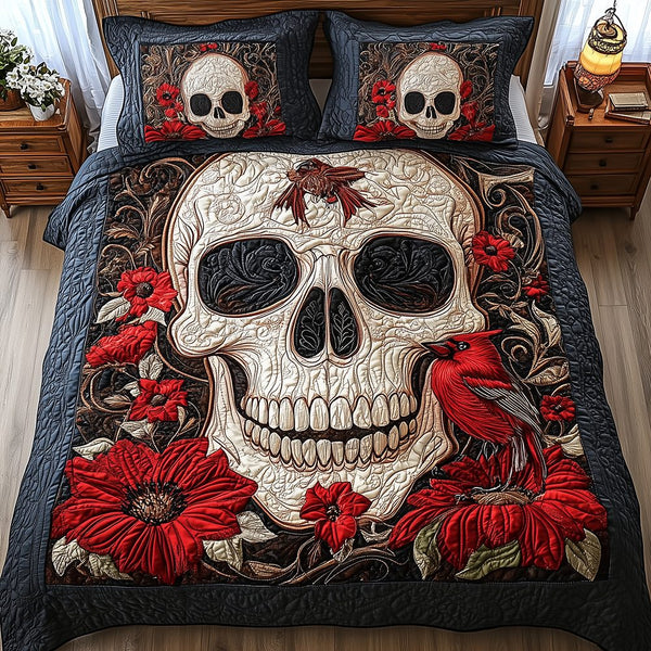 Cardinal Skull quilted 3-piece bedding set on a made bed against a dark styled interior