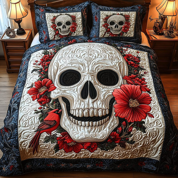 Cardinal Skull quilted 3-piece bedding set on a made bed against a dark styled interior