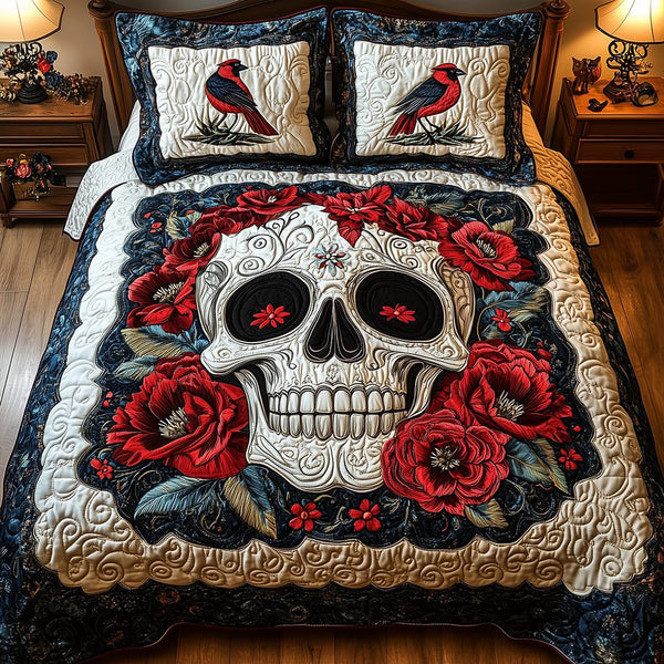 Cardinal Skull quilted 3-piece bedding set on a made bed against a dark styled interior