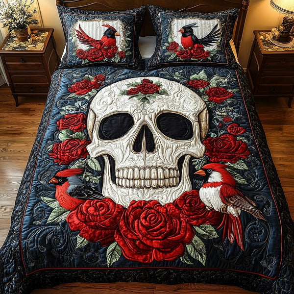 Cardinal Skull quilted 3-piece bedding set on a made bed against a dark styled interior