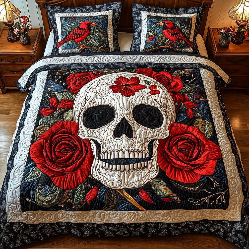 Cardinal Skull quilted 3-piece bedding set on a made bed against a dark styled interior