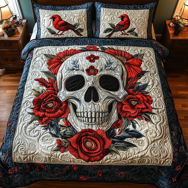 Cardinal Skull quilted 3-piece bedding set on a made bed against a dark styled interior