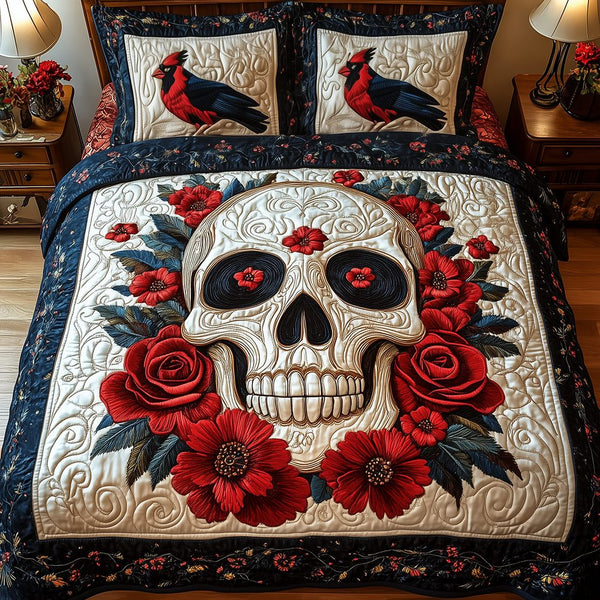 Cardinal Skull quilted 3-piece bedding set on a made bed against a dark styled interior