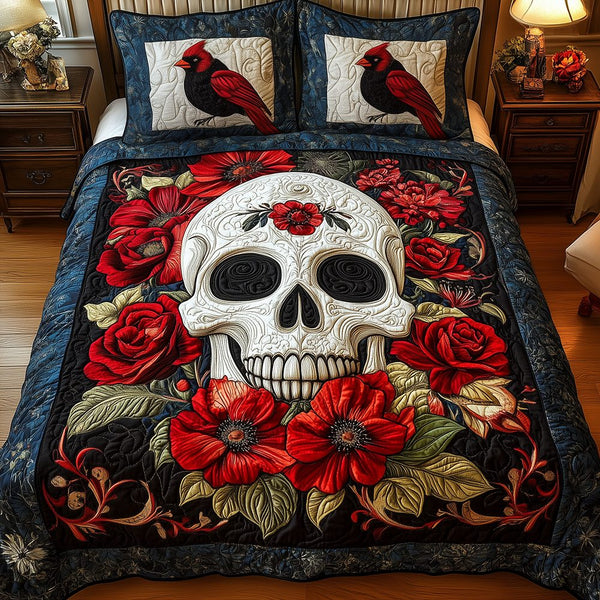 Cardinal Skull quilted 3-piece bedding set on a made bed against a dark styled interior