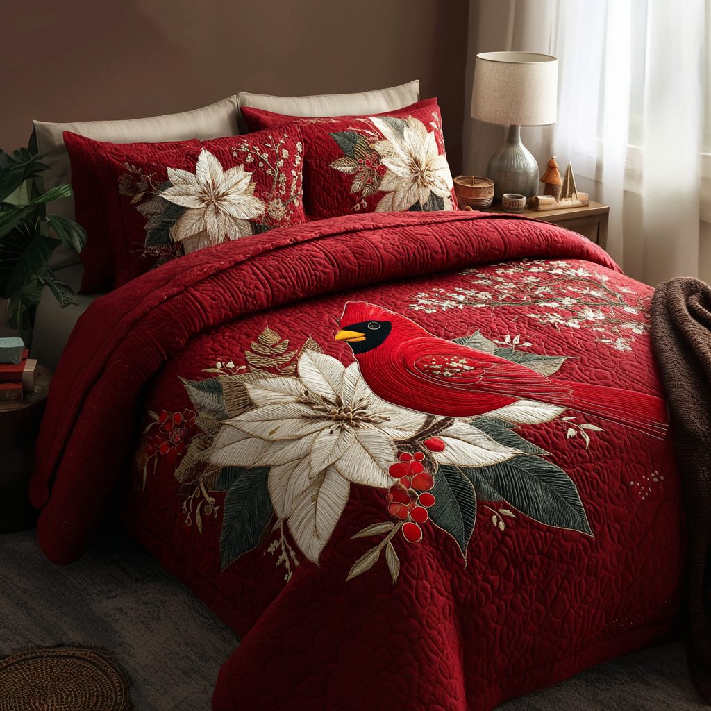 Cardinal Song quilted 3-piece bedding set on a made bed with two matching pillow shams