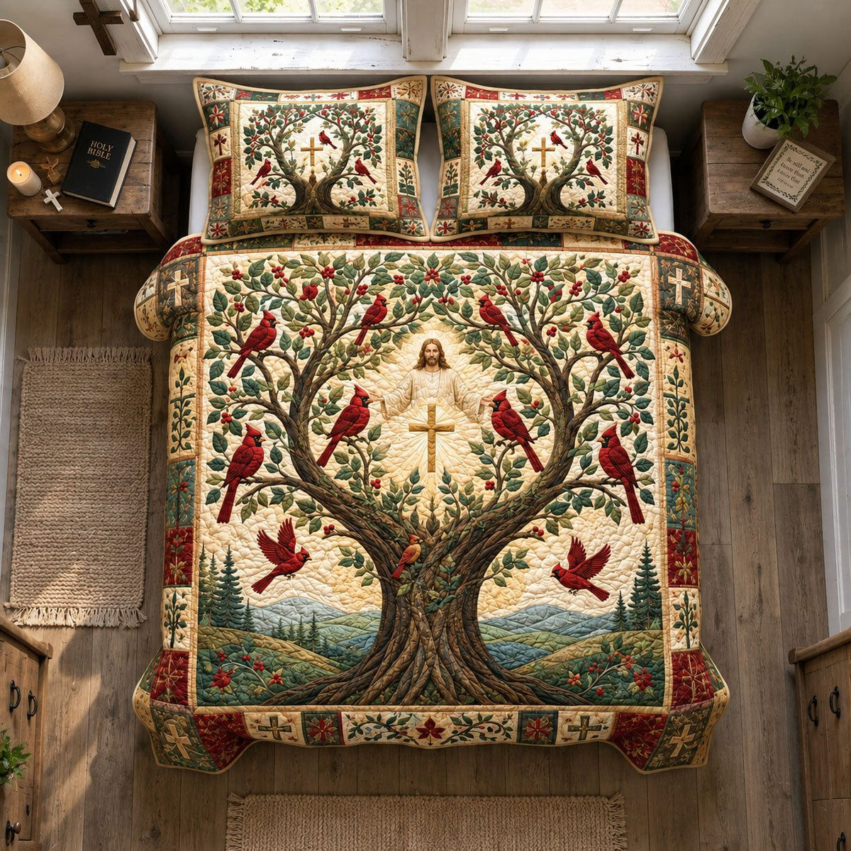 Cardinal Tree of Faith quilted 3-piece bedding set on a made bed in a softly lit bedroom