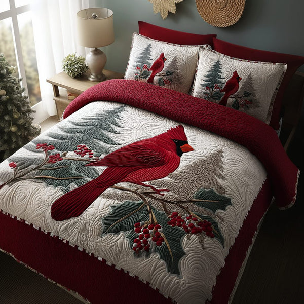 Cardinal Whisper quilted 3-piece bedding set on a made bed with two matching pillow shams