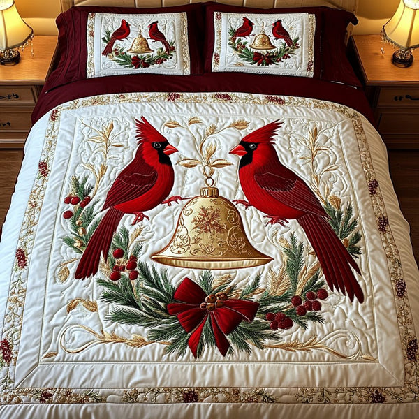 Cardinal Winter Garden quilted 3-piece bedding set on a made bed in a winter-styled bedroom