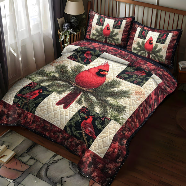 Cardinal Winter Haven quilted 3-piece bedding set on a made bed in a winter-styled bedroom