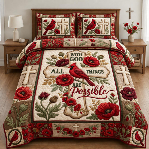 Cardinal With God All Things Are Possible quilted 3-piece bedding set on a made bed in a softly lit bedroom