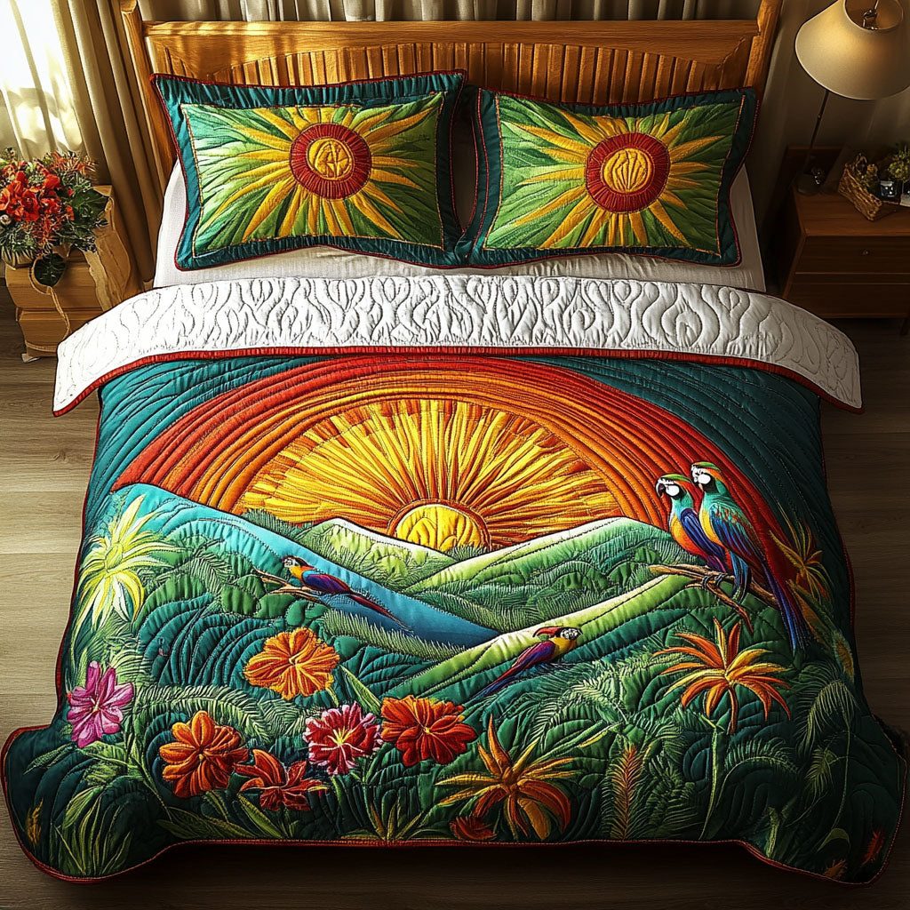 Caribbean Dreamscape quilted 3-piece bedding set on a made bed with two matching pillow shams