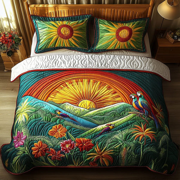 Caribbean Dreamscape quilted 3-piece bedding set on a made bed with two matching pillow shams