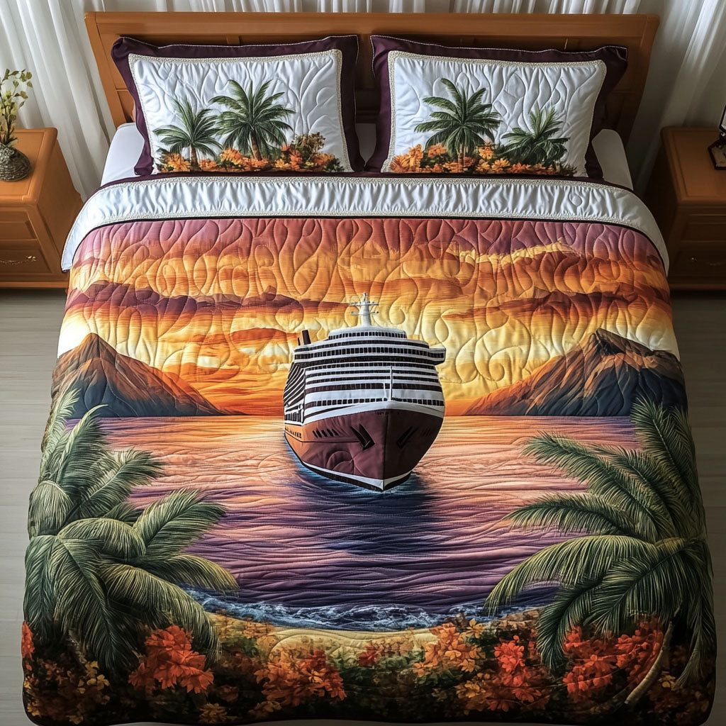 Caribbean Seeker quilted 3-piece bedding set on a made bed with two matching pillow shams