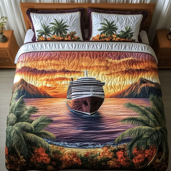 Caribbean Seeker quilted 3-piece bedding set on a made bed with two matching pillow shams
