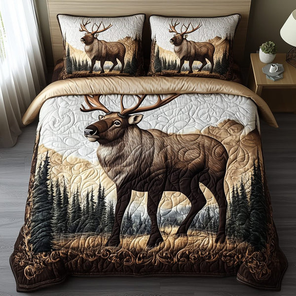 Caribou Charm quilted 3-piece bedding set on a made bed with two matching pillow shams