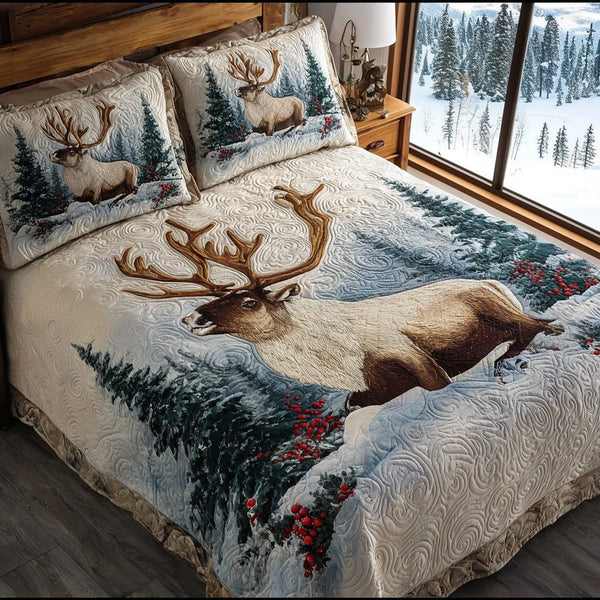 Caribou Rest quilted 3-piece bedding set on a made bed with two matching pillow shams