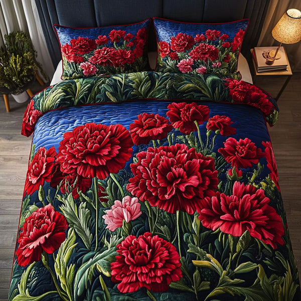Carnation Glory in Ohio quilted 3-piece bedding set on a made bed with two matching pillow shams