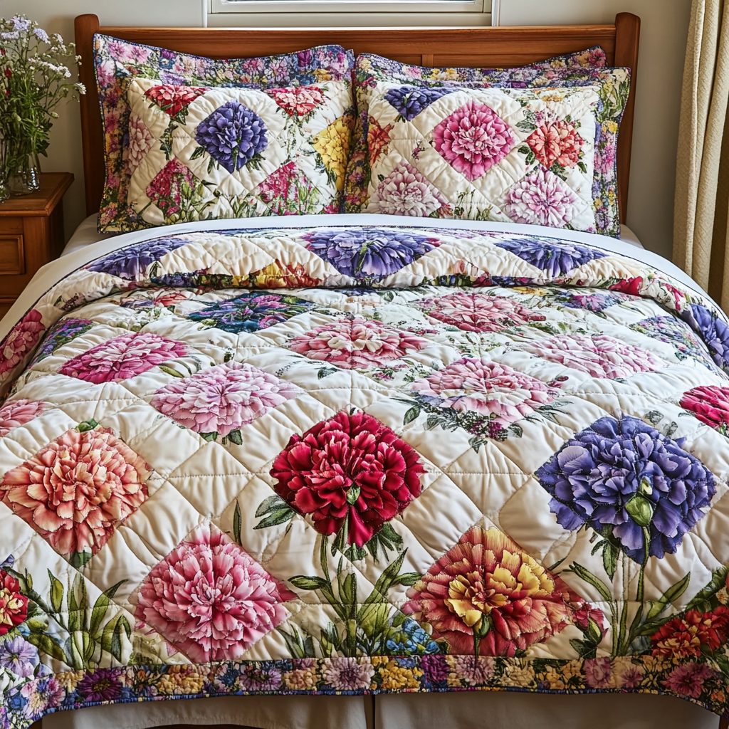 Carnation Patchwork Delight quilted 3-piece bedding set on a made bed in a farmhouse bedroom