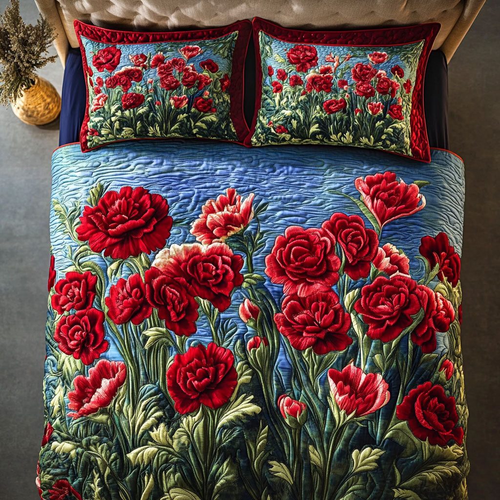 Carnation State quilted 3-piece bedding set on a made bed with two matching pillow shams