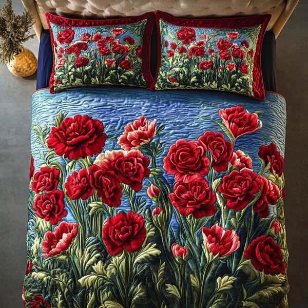Carnation State quilted 3-piece bedding set on a made bed with two matching pillow shams