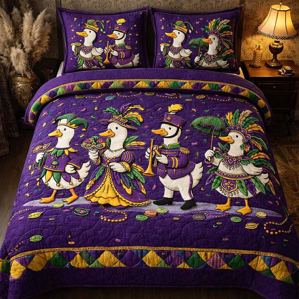 Carnival Geese quilted 3-piece bedding set on a made bed with two matching pillow shams